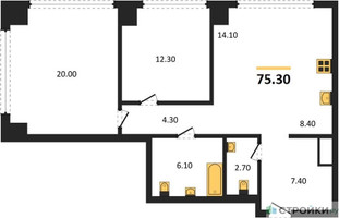 Планировка двухкомнатной(квартира) площадью 75.3 квадратных метров в “ЖК Very (Вери)”