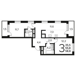 Планировка трехкомнатной(квартира) площадью 58.8 квадратных метров в ЖК “Новые Ватутинки. Заречный”