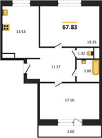 Планировка двухкомнатной(квартира) площадью 67.83 квадратных метров в “ЖК Эдельвейс (Первомайское)”