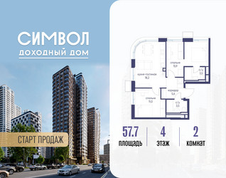 Планировка двухкомнатной(квартира) площадью 57.7 квадратных метров в ЖК “ЖК Символ”