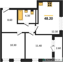 Планировка двухкомнатной(квартира) площадью 48.2 квадратных метров в ЖК “ЖК Родные кварталы”