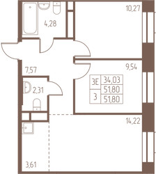 Планировка трехкомнатной(квартира) площадью 51.8 квадратных метров в ЖК “ЖК Западная Ивантеевка”