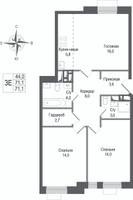 Планировка трехкомнатной(квартира) площадью 71.1 квадратных метров в “ЖК КИНОКВАРТАЛ”