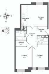 Планировка трехкомнатной(квартира) площадью 71.1 квадратных метров в ЖК “ЖК КИНОКВАРТАЛ”