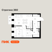 Планировка однокомнатной(квартира) площадью 37.4 квадратных метров в “ЖК Строгино 360”