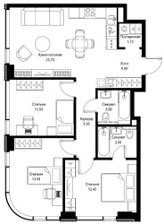 Планировка трехкомнатной(квартира) площадью 78.8 квадратных метров в ЖК “ЖК Cityzen (Ситизен)”