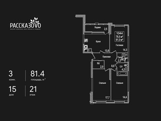 Планировка трехкомнатной(квартира) площадью 81.4 квадратных метров в ЖК “ЖК Рассказово”