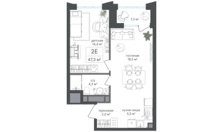 Планировка двухкомнатной(квартира) площадью 46 квадратных метров в “ЖК Михалковский”