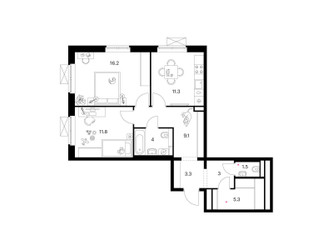 Планировка двухкомнатной(квартира) площадью 65.5 квадратных метров в ЖК “ЖК Люблинский парк”
