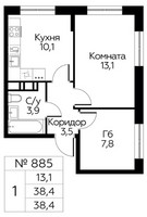 Планировка однокомнатной(квартира) площадью 38.4 квадратных метров в “ЖК Цветочные Поляны Сити”