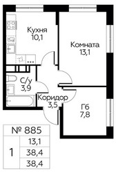 Планировка однокомнатной(квартира) площадью 38.4 квадратных метров в ЖК “ЖК Цветочные Поляны Сити”
