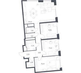 Планировка трехкомнатной(квартира) площадью 89.43 квадратных метров в ЖК “ЖК Квартал на воде (Графика на воде)”