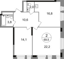Планировка двухкомнатной(квартира) площадью 69.5 квадратных метров в “ЖК Первый Московский”