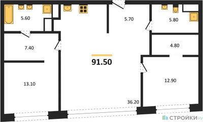 Планировка двухкомнатной(квартира) площадью 91.5 квадратных метров в ЖК “ЖК Остров”