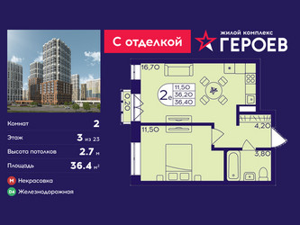 Планировка двухкомнатной(квартира) площадью 36.4 квадратных метров в ЖК “ЖК Героев”