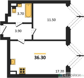 Планировка однокомнатной(квартира) площадью 36.3 квадратных метров в ЖК “ЖК Вейв”