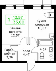 Планировка однокомнатной(квартира) площадью 35.8 квадратных метров в ЖК “ЖК КИТ 2”