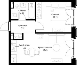 Планировка однокомнатной(квартира) площадью 39.61 квадратных метров в ЖК “ЖК Сити Бэй”