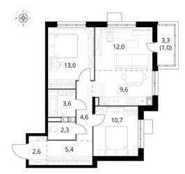 Планировка трехкомнатной(квартира) площадью 64.7 квадратных метров в ЖК “ЖК 1-й Саларьевский (Первый Саларьевский)”