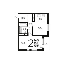 Планировка двухкомнатной(квартира) площадью 43 квадратных метров в ЖК “Новые Ватутинки. Заречный”