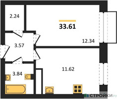 Планировка однокомнатной(квартира) площадью 33.61 квадратных метров в “ЖК Новоград Павлино”