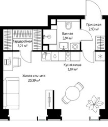 Планировка однокомнатной(квартира) площадью 35.51 квадратных метров в ЖК “Мультиквартал СИТИДЗЕН”