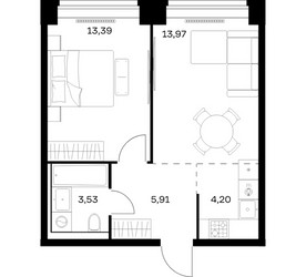 Планировка однокомнатной(квартира) площадью 41 квадратных метров в ЖК “ЖК НОВА”