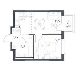 Планировка однокомнатной(квартира) площадью 33.39 квадратных метров в ЖК “ЖК Пригород Лесное”