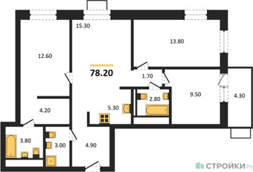 Планировка трехкомнатной(квартира) площадью 78.2 квадратных метров в ЖК “ЖК Союзный”