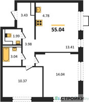 Планировка двухкомнатной(квартира) площадью 55.04 квадратных метров в “ЖК Прибрежный Парк”
