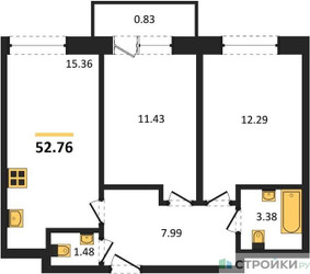 Планировка двухкомнатной(квартира) площадью 52.76 квадратных метров в ЖК “Семейный дом "Олива"”