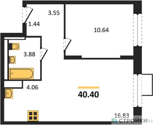 Планировка однокомнатной(квартира) площадью 40.4 квадратных метров в ЖК “ЖК Алхимово”