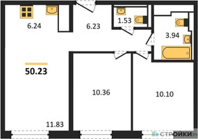 Планировка двухкомнатной(квартира) площадью 50.23 квадратных метров в “ЖК Молжаниново”