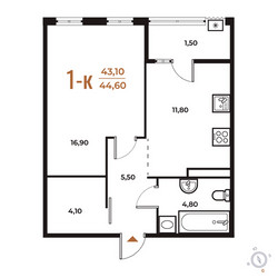 Планировка однокомнатной(квартира) площадью 44.6 квадратных метров в ЖК “ЖК Новое Летово”