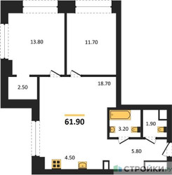 Планировка двухкомнатной(квартира) площадью 61.9 квадратных метров в ЖК “ЖК Upside Towers (Апсайд Тауэрс)”