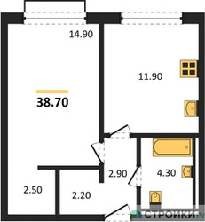 Планировка однокомнатной(апартаменты) площадью 38.7 квадратных метров в ЖК “ЖК Равновесие”