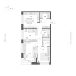 Планировка трехкомнатной(апартаменты) площадью 69.2 квадратных метров в ЖК “ЖК ARTEL (Артель)”