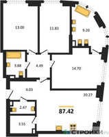 Планировка трехкомнатной(квартира) площадью 87.42 квадратных метров в “ЖК Гранд Фили”