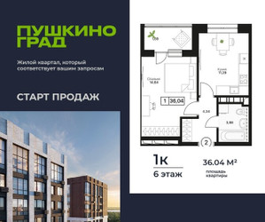 Планировка однокомнатной(квартира) площадью 36.04 квадратных метров в ЖК “ЖК Пушкино Град”