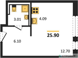 Планировка студии(квартира) площадью 25.9 квадратных метров в “ЖК Рублевский Квартал”