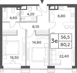 Планировка трехкомнатной(квартира) площадью 80.2 квадратных метров в ЖК “ЖК Will Towers (Вилл Тауэрс)”