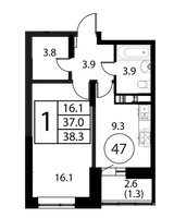 Планировка однокомнатной(квартира) площадью 38.3 квадратных метров в “ЖК Космос”