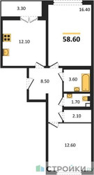 Планировка двухкомнатной(квартира) площадью 58.6 квадратных метров в ЖК “ЖК ЮЖНАЯ БИТЦА”