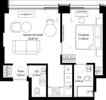 Планировка однокомнатной(квартира) площадью 39.3 квадратных метров в “ЖК Сити Бэй”