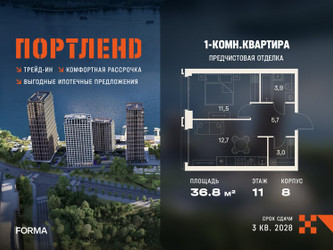 Планировка однокомнатной(квартира) площадью 36.8 квадратных метров в ЖК “ЖК Портленд”