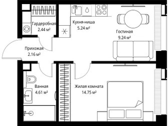 Планировка однокомнатной(квартира) площадью 38.44 квадратных метров в ЖК “ЖК Веер”