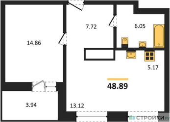Планировка однокомнатной(квартира) площадью 48.89 квадратных метров в ЖК “ЖК ВОСТОК II”