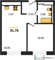 Планировка однокомнатной(квартира) площадью 35.76 квадратных метров в “ЖК Квартал Западный”