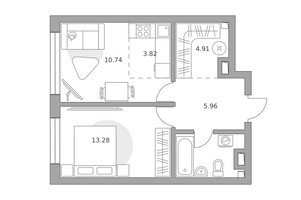 Планировка двухкомнатной(квартира) площадью 43.96 квадратных метров в “ЖК Тринити”