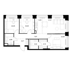 Планировка трехкомнатной(квартира) площадью 79.55 квадратных метров в ЖК “ЖК НОВА”